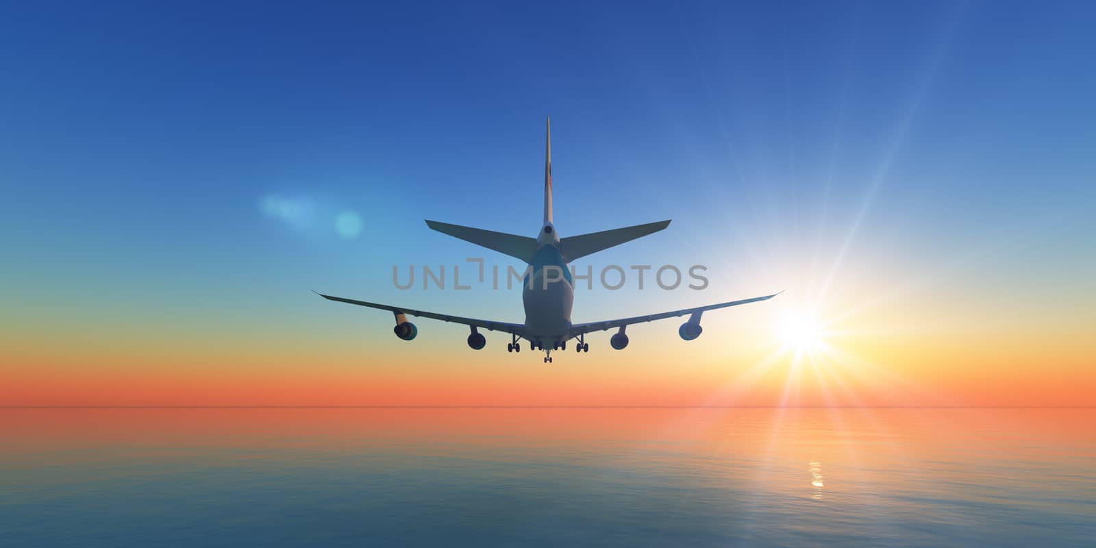 airplane in sunset sky, 3d rendering by alex_nako