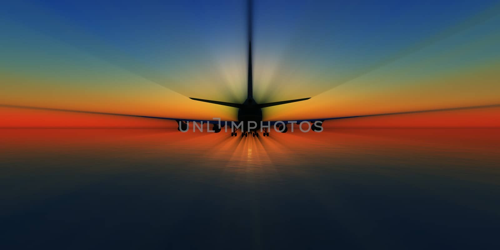 airplane in sunset sky, 3d rendering by alex_nako