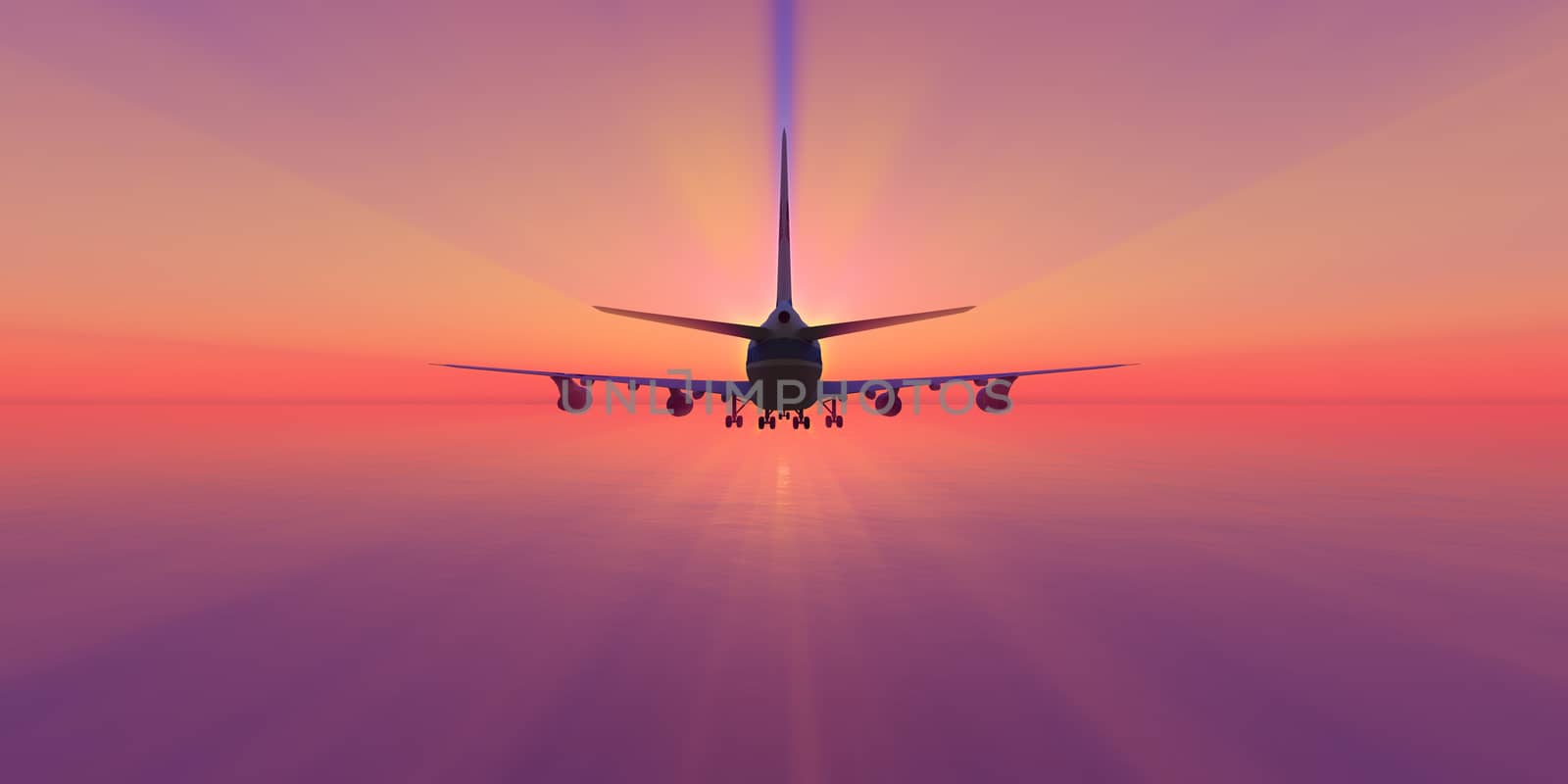 airplane in sunset gold sky, 3d rendering