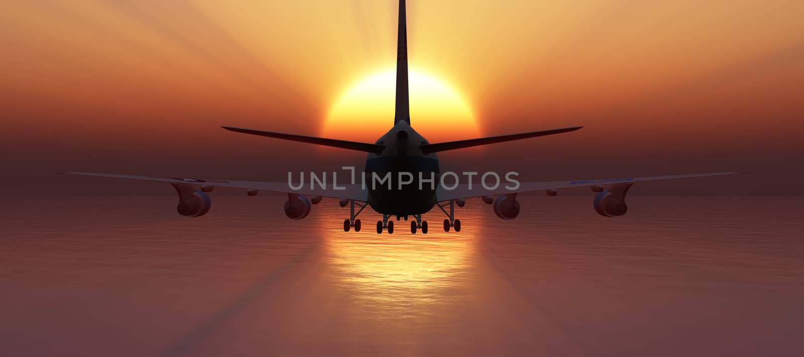 airplane in sunset sky, 3d rendering by alex_nako