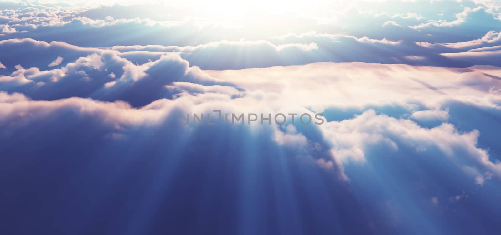 fly above clouds sunset god ray light