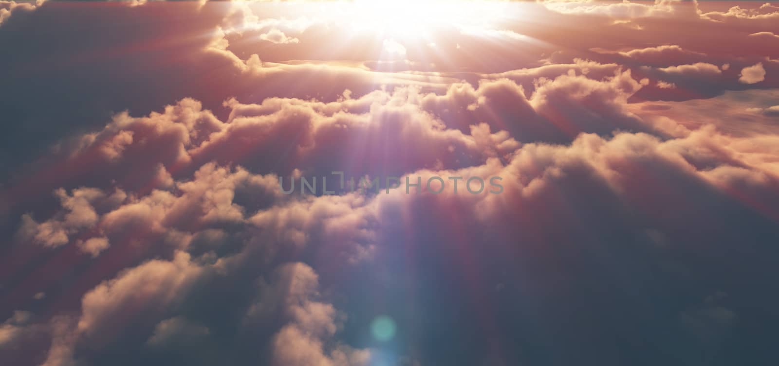 fly above clouds sunset god ray light