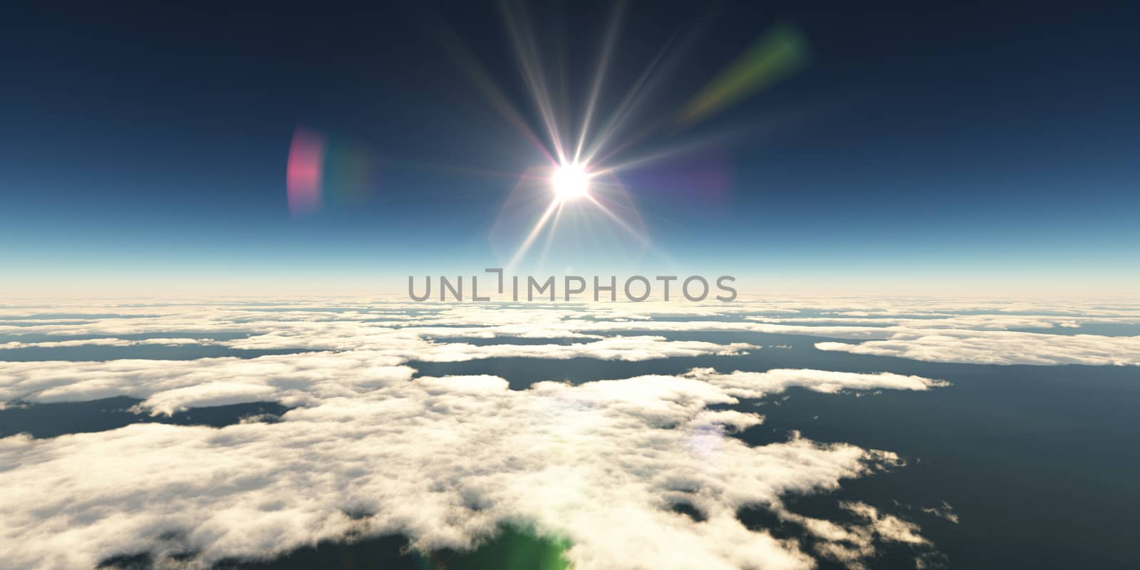 above clouds sun ray light, 3d rendering