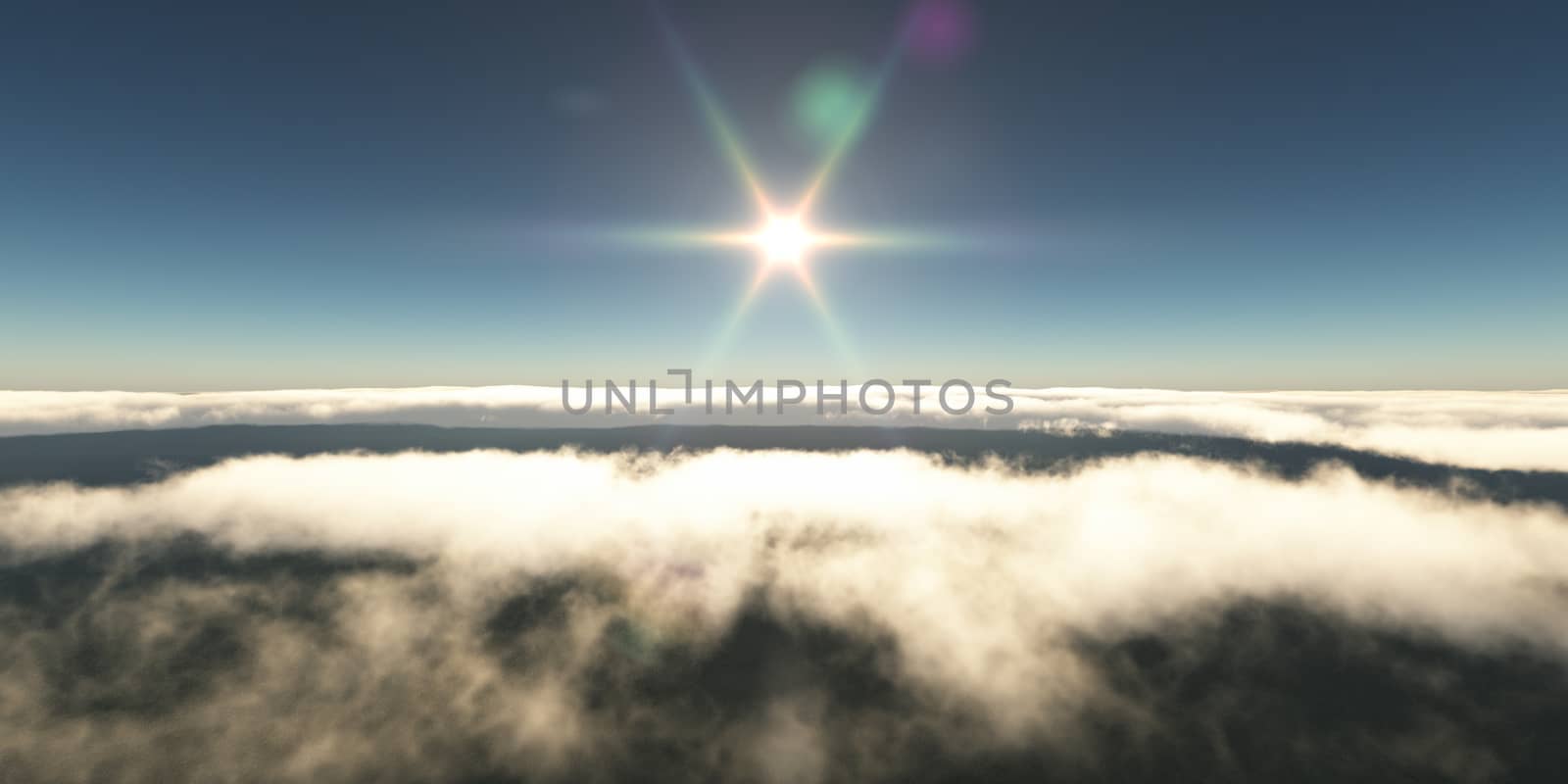 above clouds sun ray light, 3d rendering