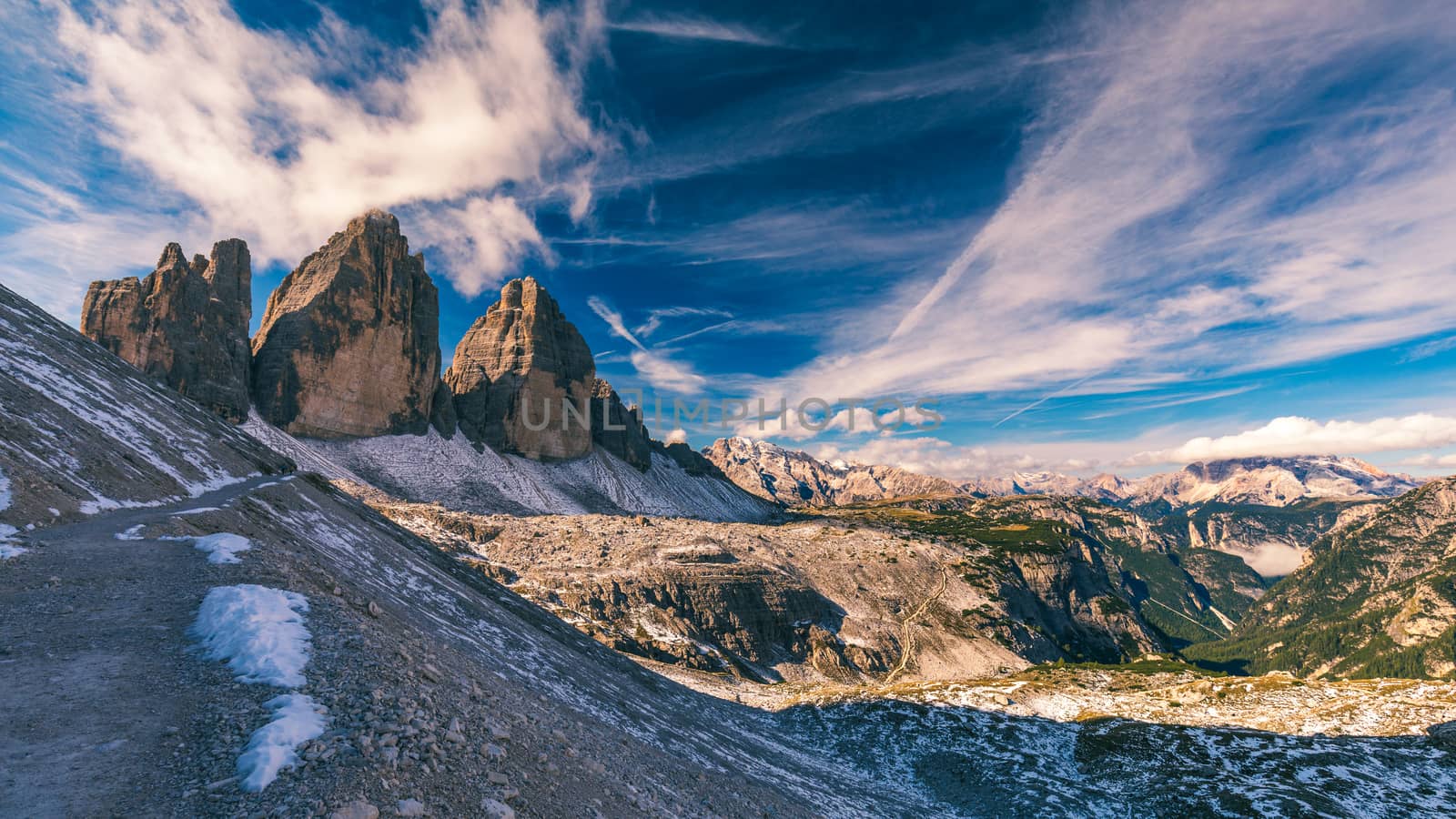 Tre Cime di Laveredo, three spectacular mountain peaks in Tre Cime di Lavaredo National Park, Sesto Dolomites, South Tyrol, Italy