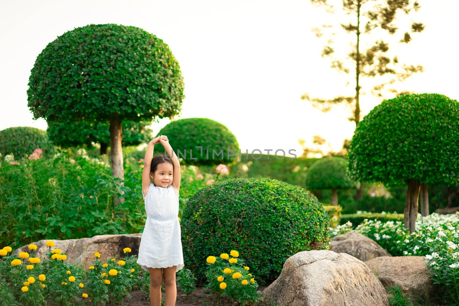 Happy cute little girl standing on the rock and open hands with the sunset in summer.Freedom concept.