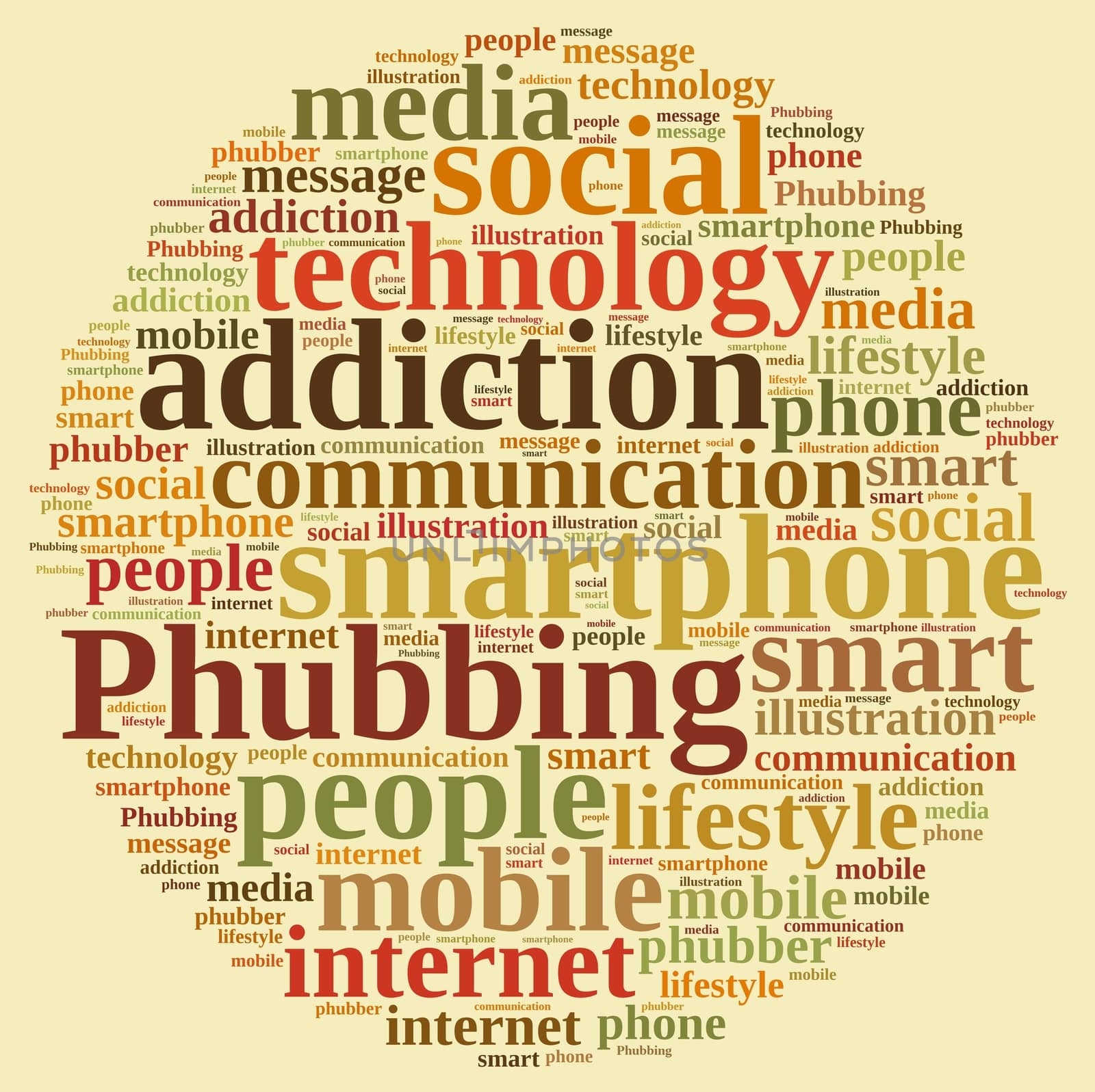 Illustration with word cloud on phubbing, the addiction to mobile