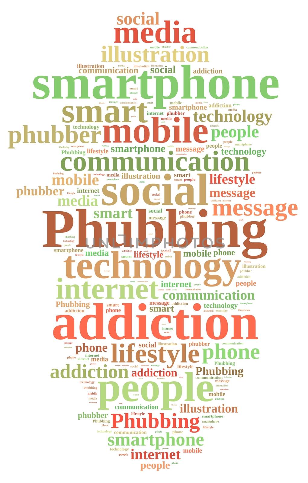 Illustration with word cloud on phubbing, the addiction to mobile