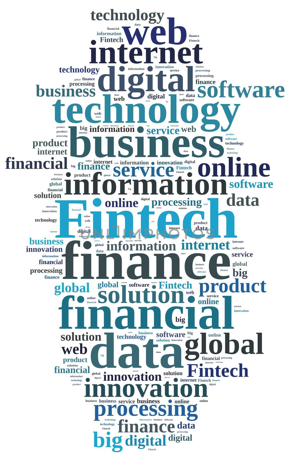 Illustration with word cloud on Fintech, finance and technology.