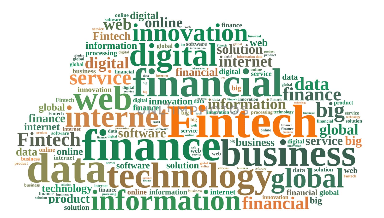 Illustration with word cloud on Fintech, finance and technology.