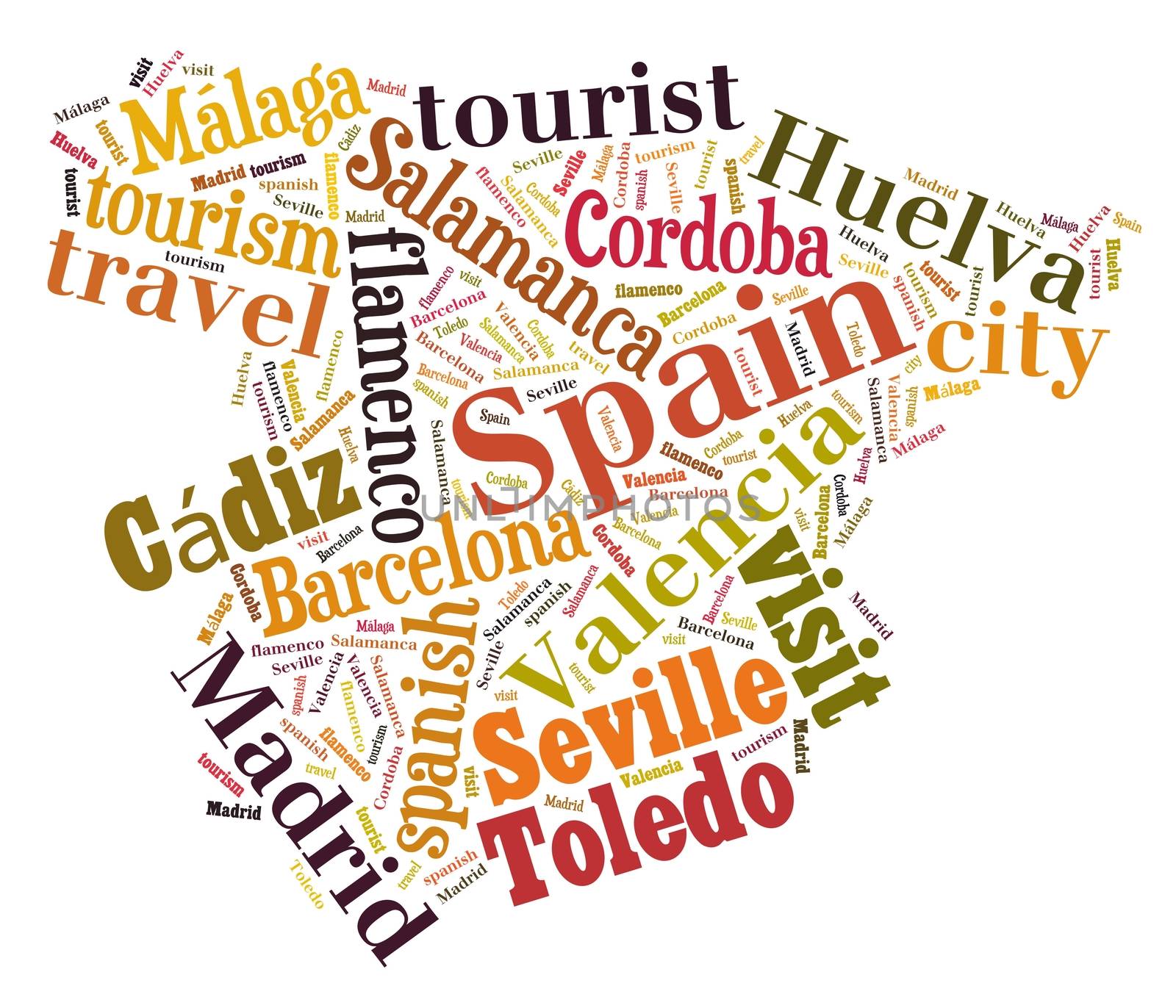 Illustration with word cloud city tourism in Spain