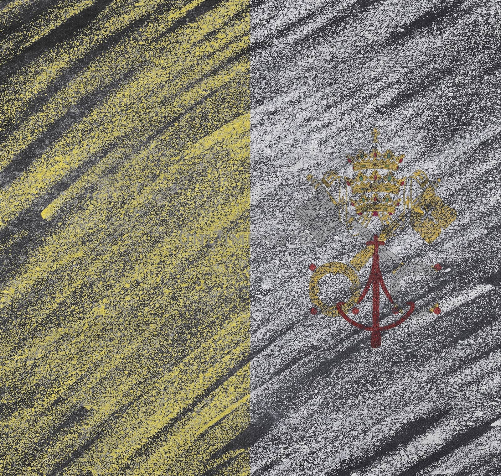 Vatican flag painted with chalk on a blackboard.