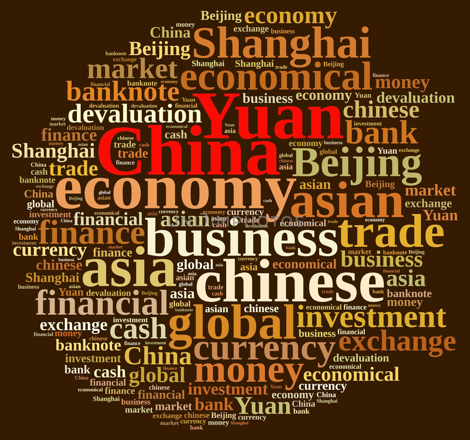 Illustration with word cloud on the Chinese currency Yuan