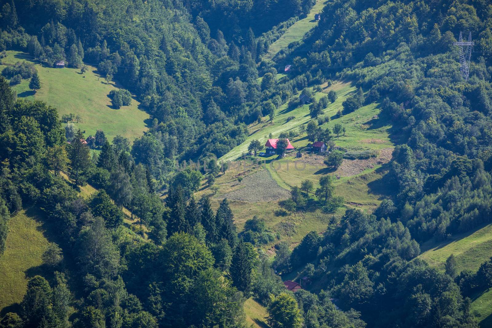 Summer alpine Transylvania landmark, landscape with green fields and valleys, high Piatra Craiului mountains, Carpathians, Transylvania, Romania, Europe