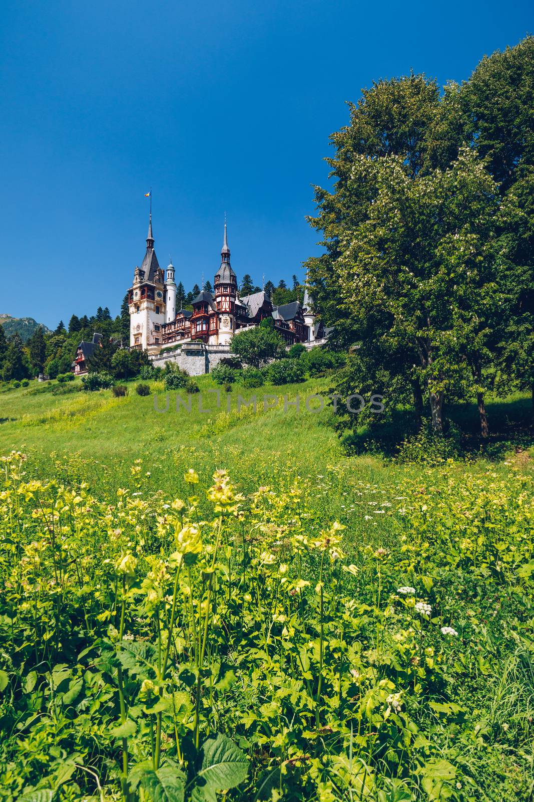 Peles Castle, Romania. Beautiful famous royal castle and ornamental garden in Sinaia landmark of Carpathian Mountains in Europe