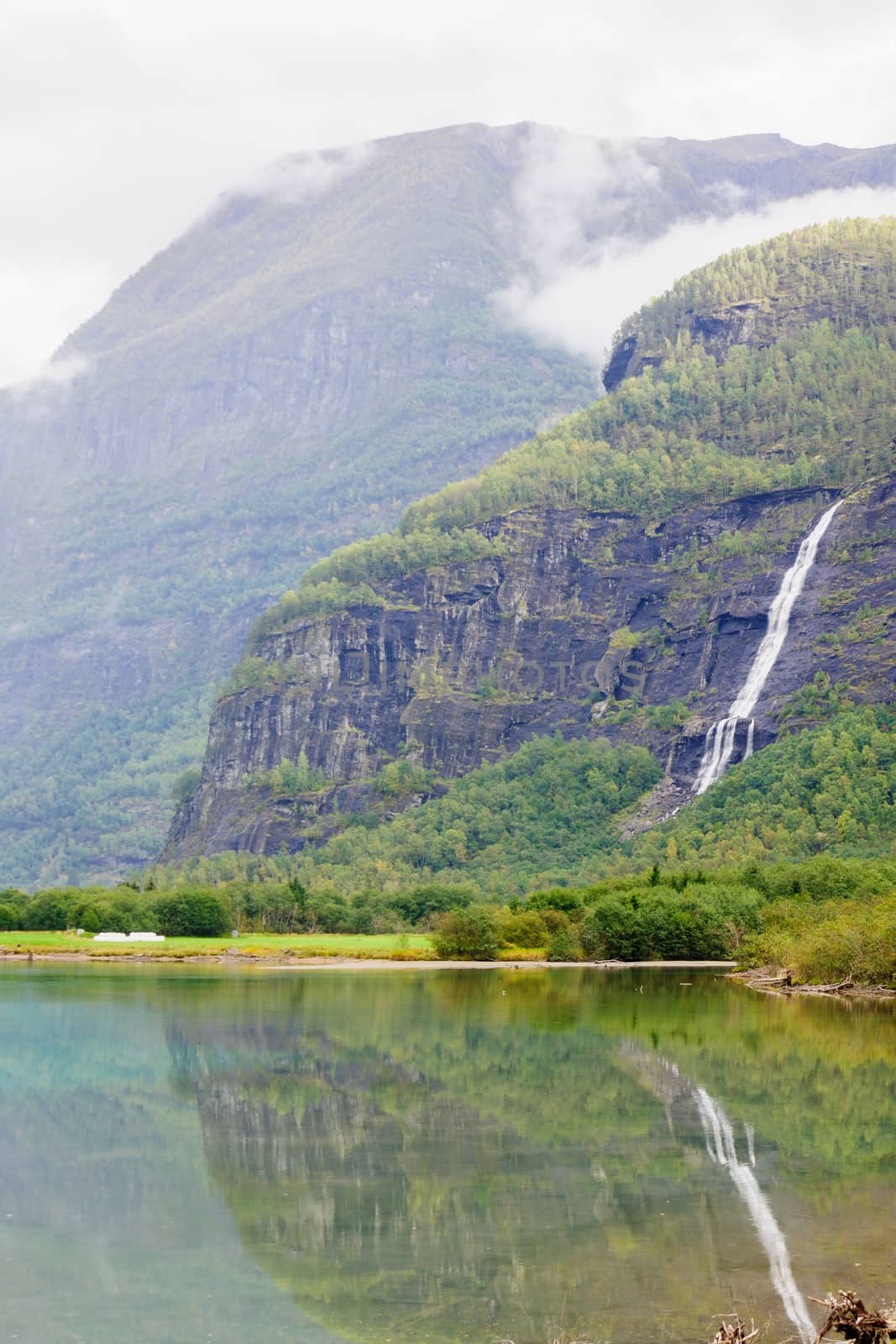 Frord and waterfall, View from road 55, Norway