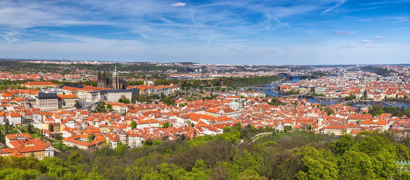 Prague panorama city skyline with Old Town, Prague Castle, Charles Bridge, St. Vitus Cathedral. Prague, Czech Republic