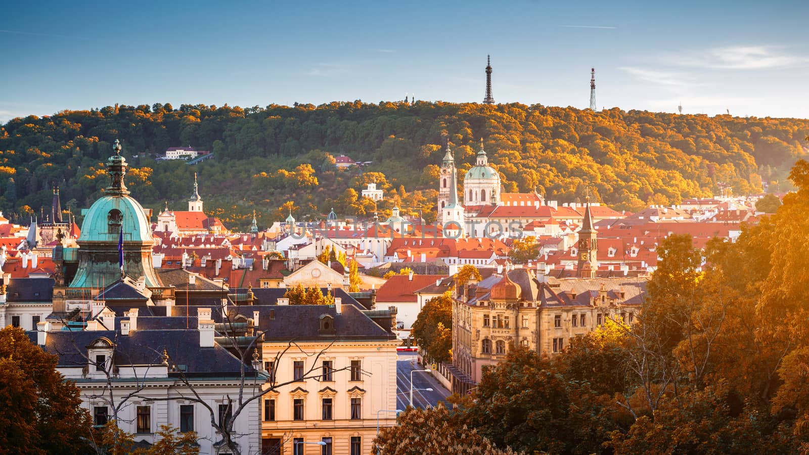 Prague, Czezh Republic. Scenic autumn aerial view of the Old Town with red foliage