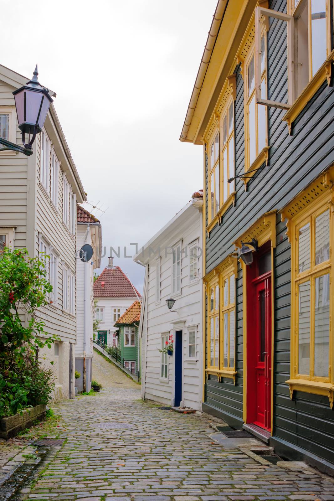 View of an alley in the old city, in Bergen, Norway