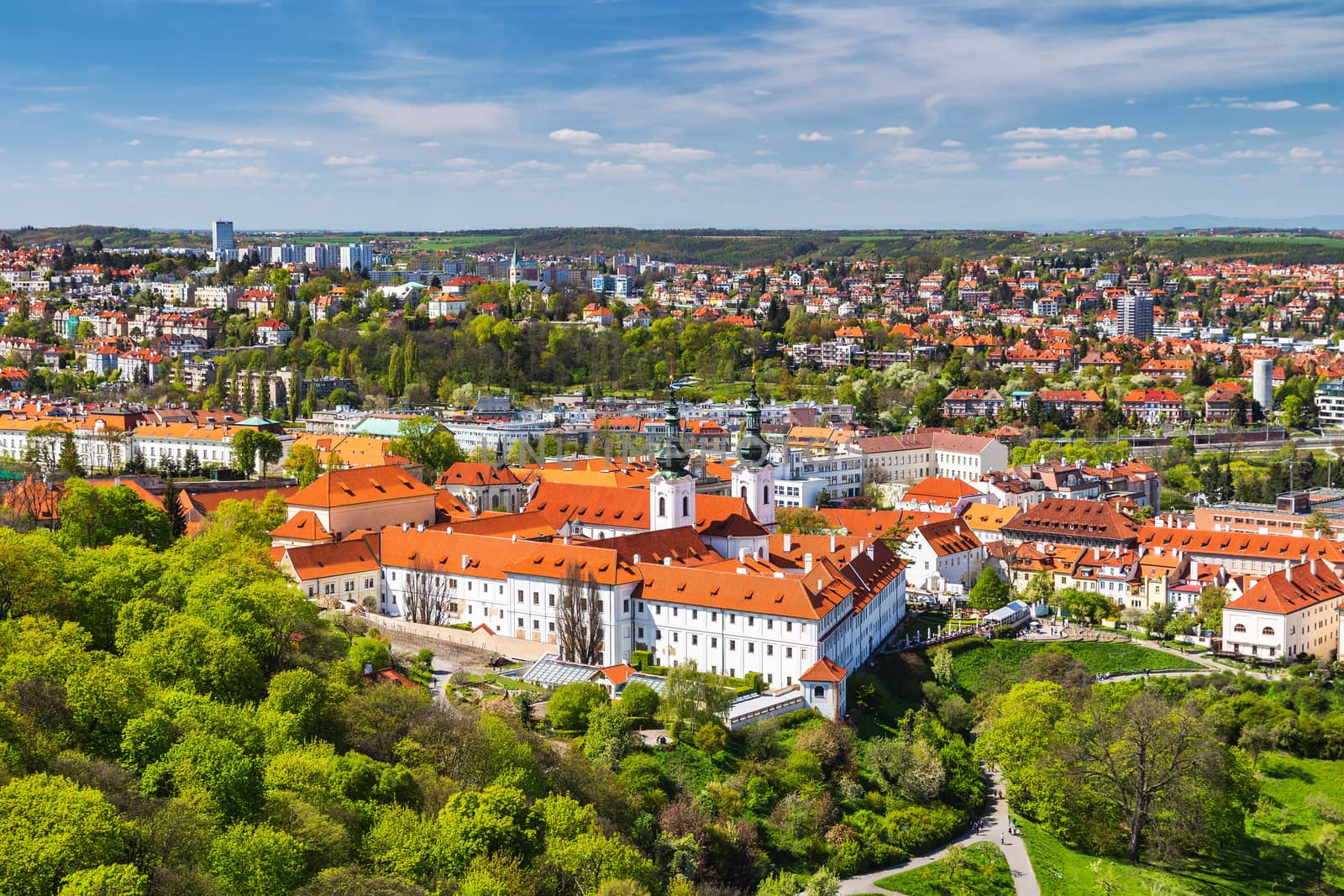 View of Strahov Monastery in Prague, Czech Republice. Red roofs and parks