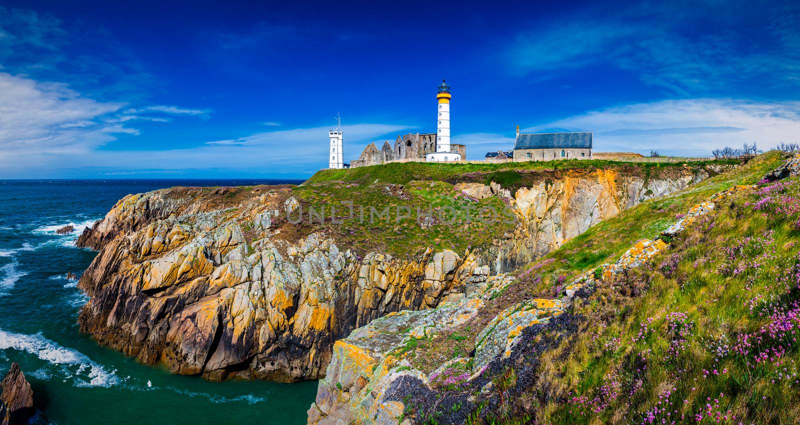 Panorama of lighthouse and ruin of monastery, Pointe de Saint Mathieu, Brittany (Bretagne), France