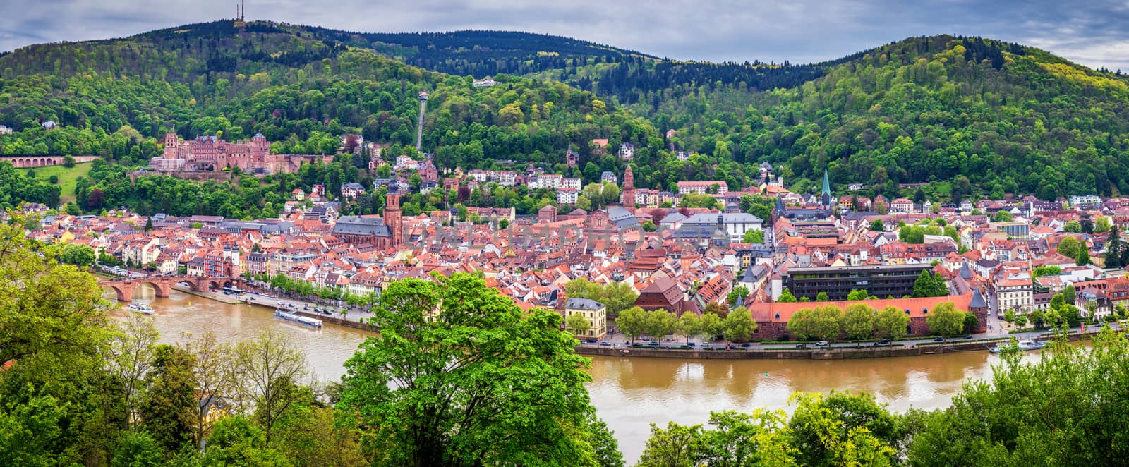 Panoramic view of beautiful medieval town Heidelberg including Carl Theodor Old Bridge, Neckar river, Church of the Holy Spirit, Germany