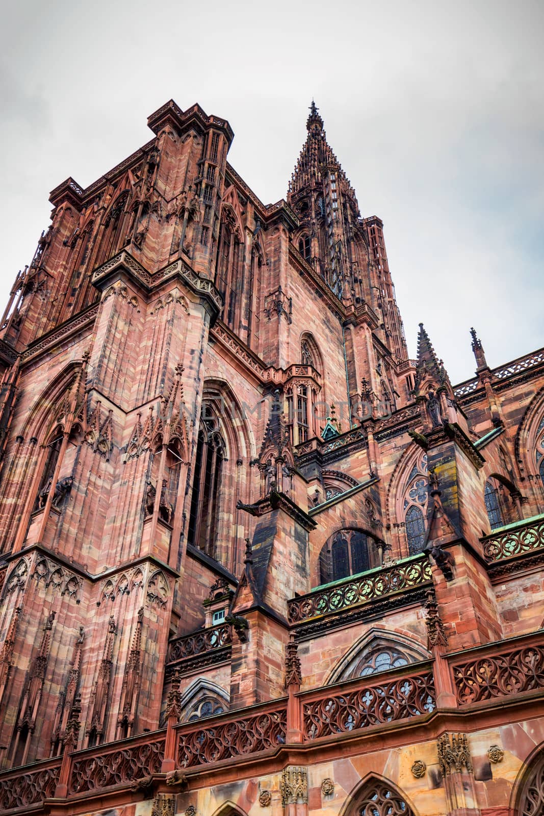 Huge tower and elegant exterior architecture of Notre dam of Strasbourg cathedral in Strasbourg, France
