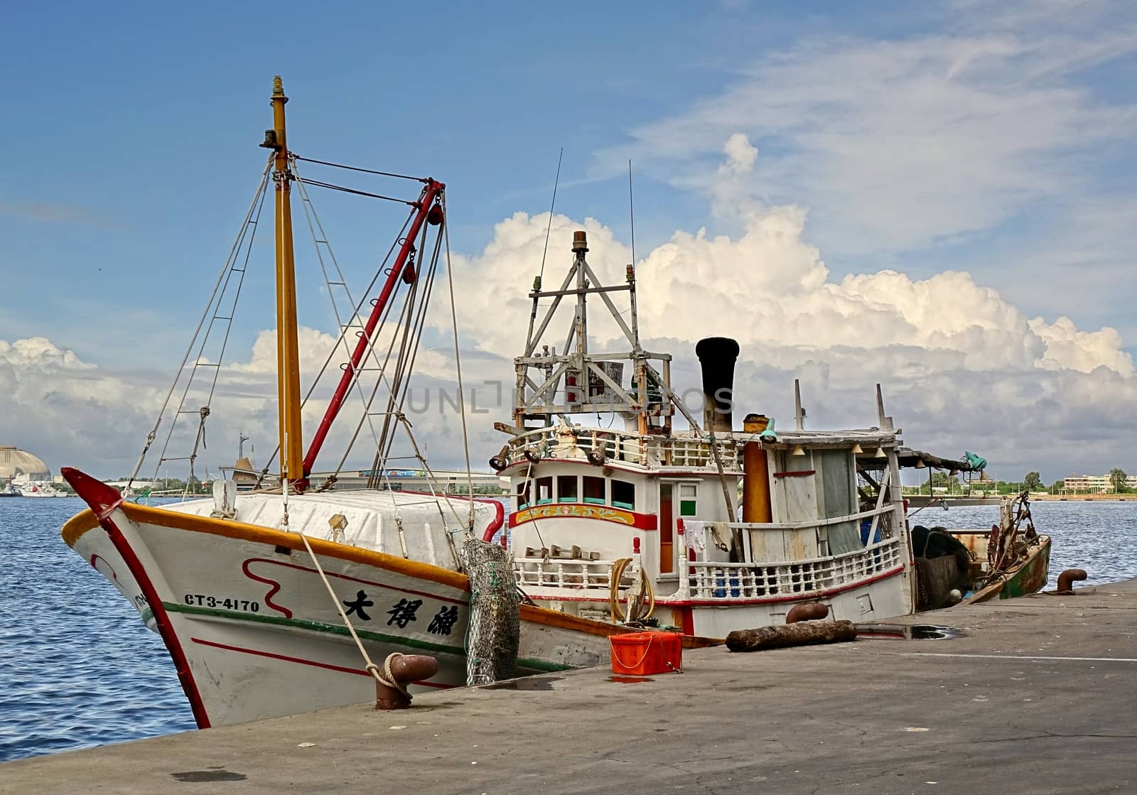 KAOHSIUNG, TAIWAN -- JUNE 29, 2014: A traditional Taiwanese fishing boat as anchored at the Sinda fishing port.