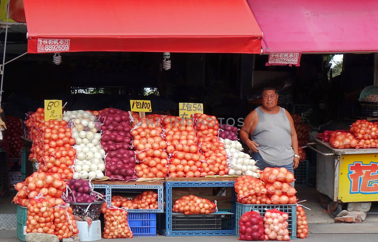 PINGTUNG, TAIWAN -- JULY 6 , 2017: At a market for agricultural products vendors offer large sacks of onions, a local specialty.