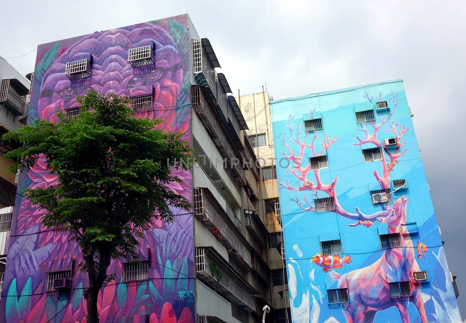 KAOHSIUNG, TAIWAN -- JULY 14, 2018: Giant paintings on old housing facades that are part of the 2018 Street Art Festival.

