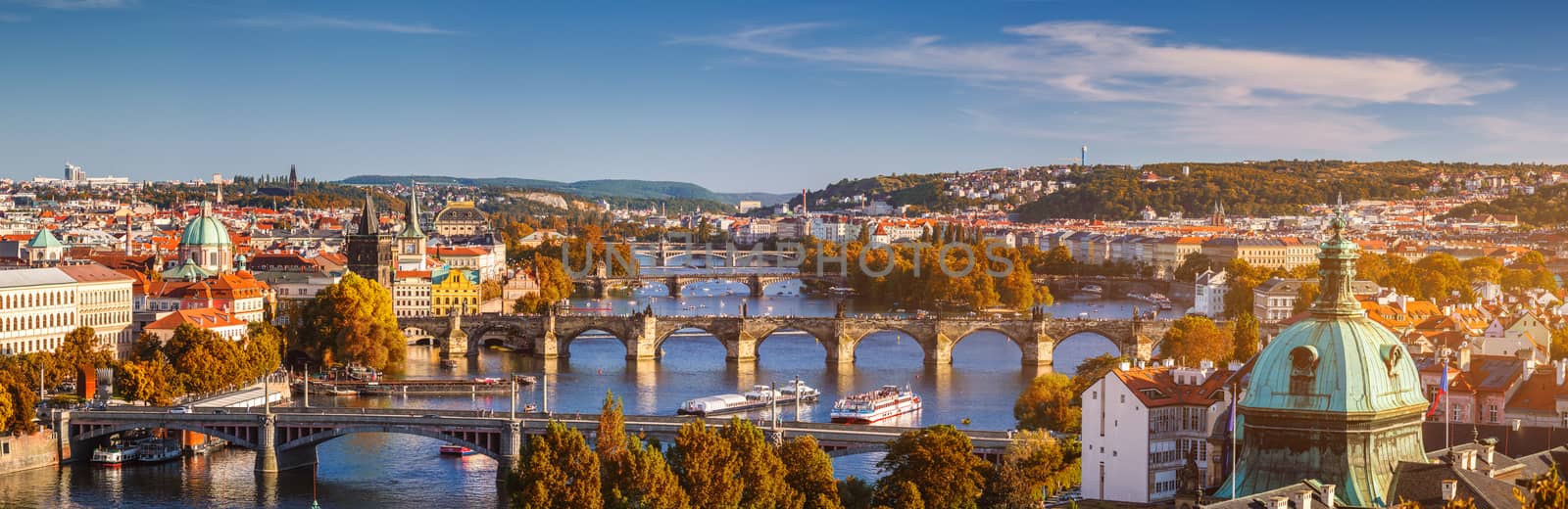 Prague, Czezh Republic. Scenic autumn aerial view of the Old Town with red foliage