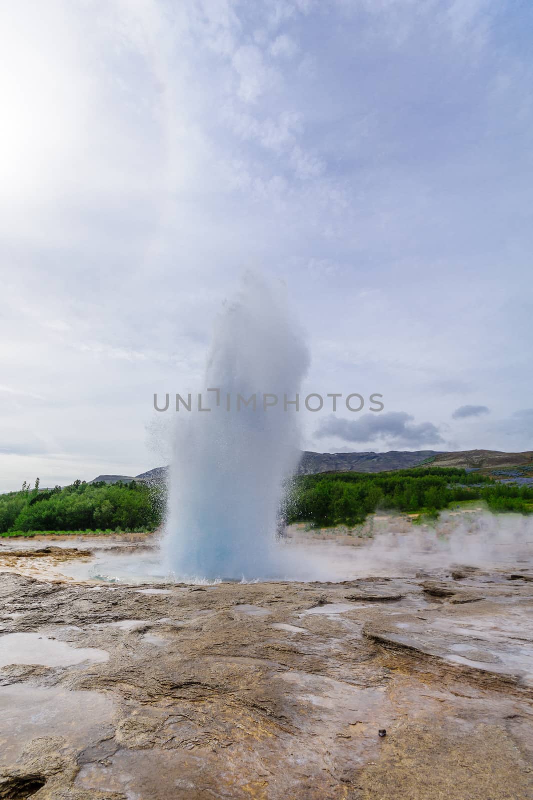 View of an eruption of the Strokkur geyser, in Geysir, Iceland