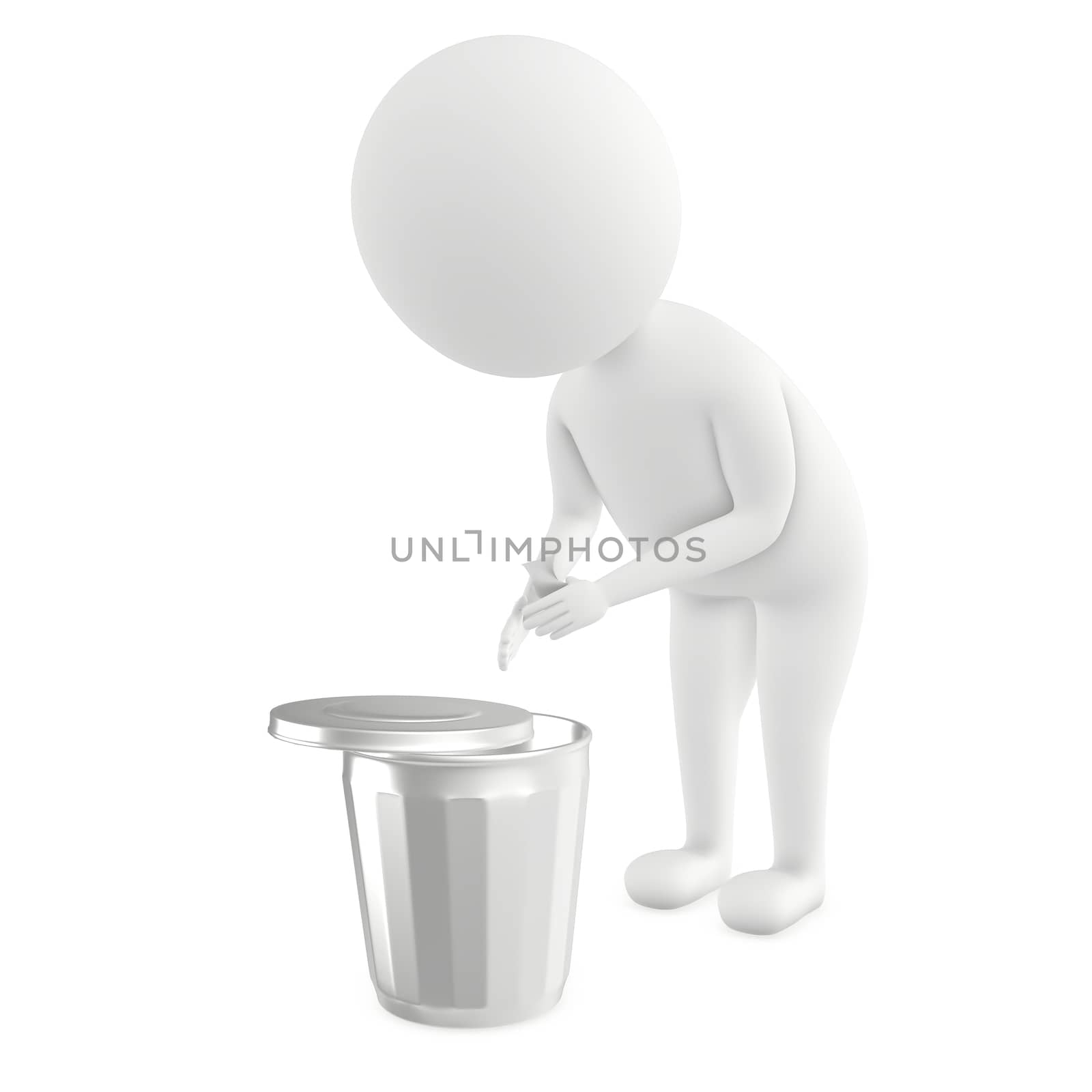 3d white character putting waste in a waste bin by qualityrender