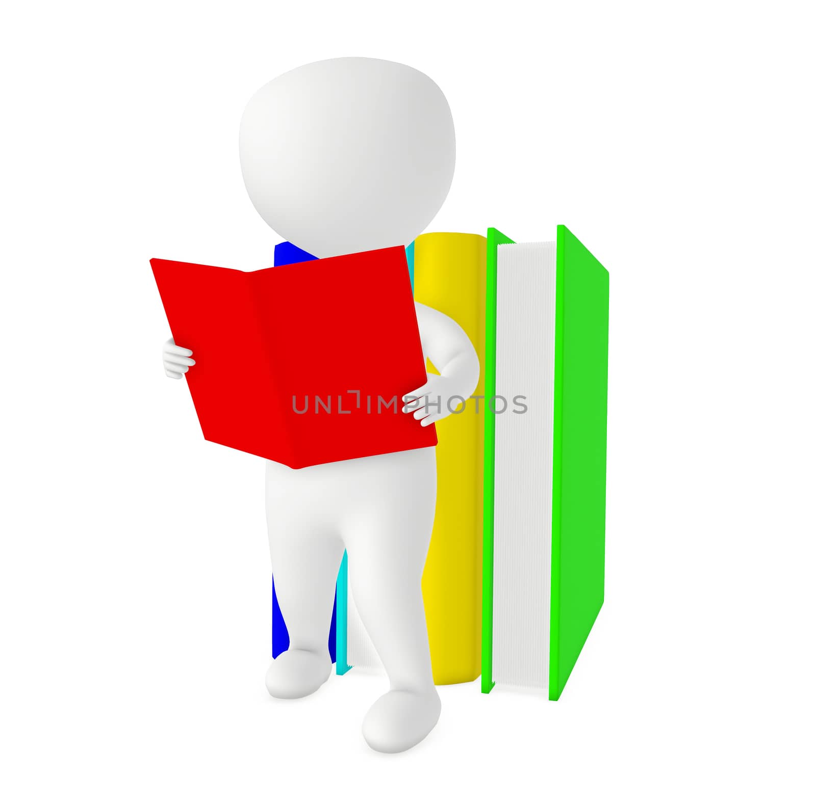 3d white character reading book near to a pile of books by qualityrender