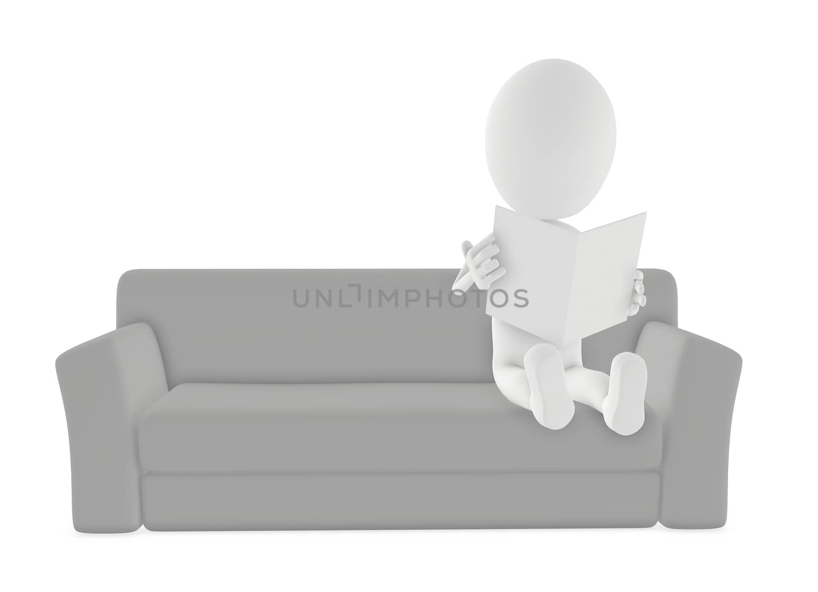3d character reading white blank paper while sitting on a sofa- 3d rendering