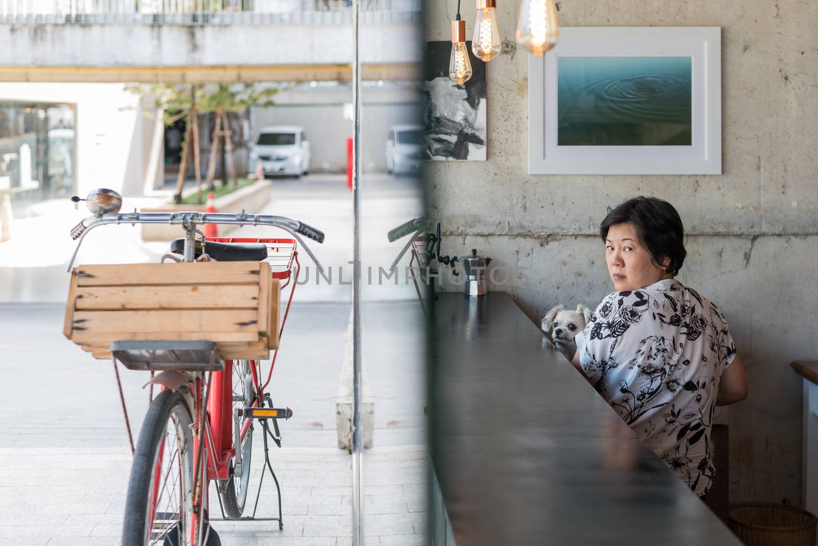 Asian women and dog in coffee shop with bicycle by PongMoji