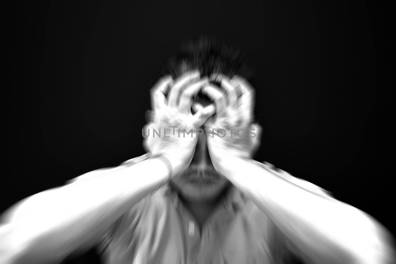 Asian short hair man feeling sadness and stress, Black and white abstract style