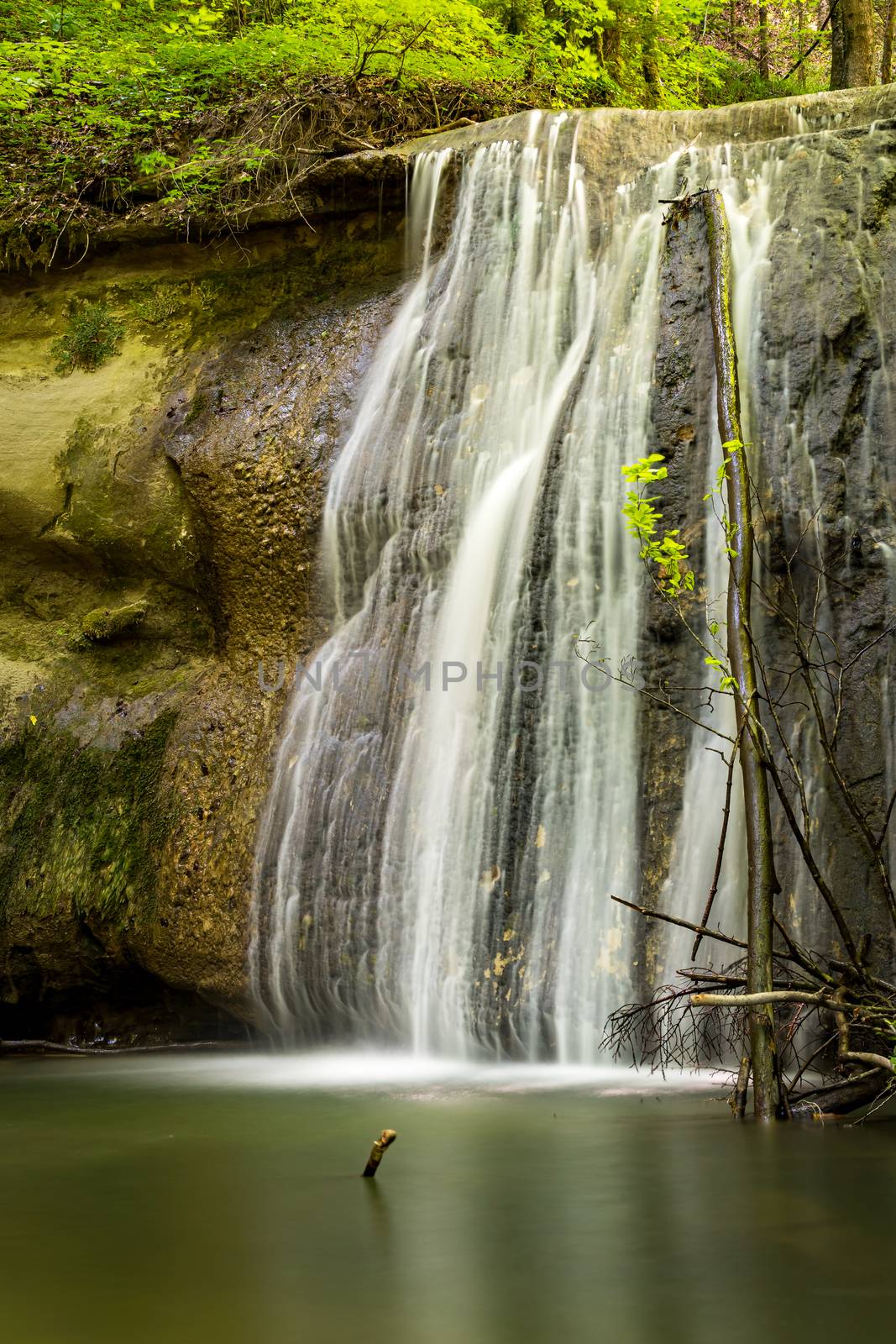 Waterfall in the forest in the Schmalegger Tobel near Ravensburg, Upper Swabia, Germany