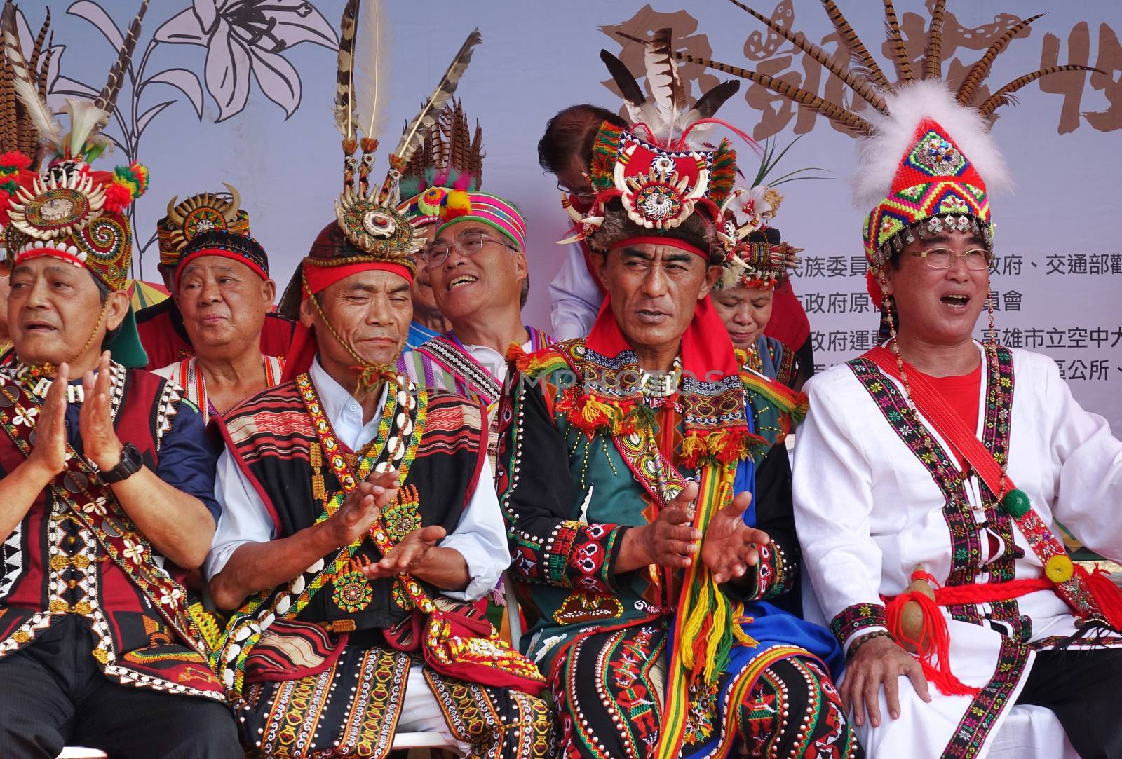 KAOHSIUNG, TAIWAN -- SEPTEMBER 28, 2019: Elders of the indigenous Rukai tribe join the traditional harvest festival.