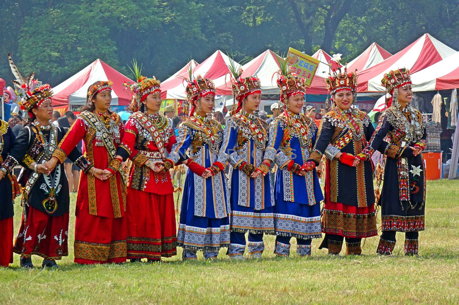 KAOHSIUNG, TAIWAN -- SEPTEMBER 28, 2019: Women of the indigenous Rukai tribe perform a dance during the traditional harvest festival.
