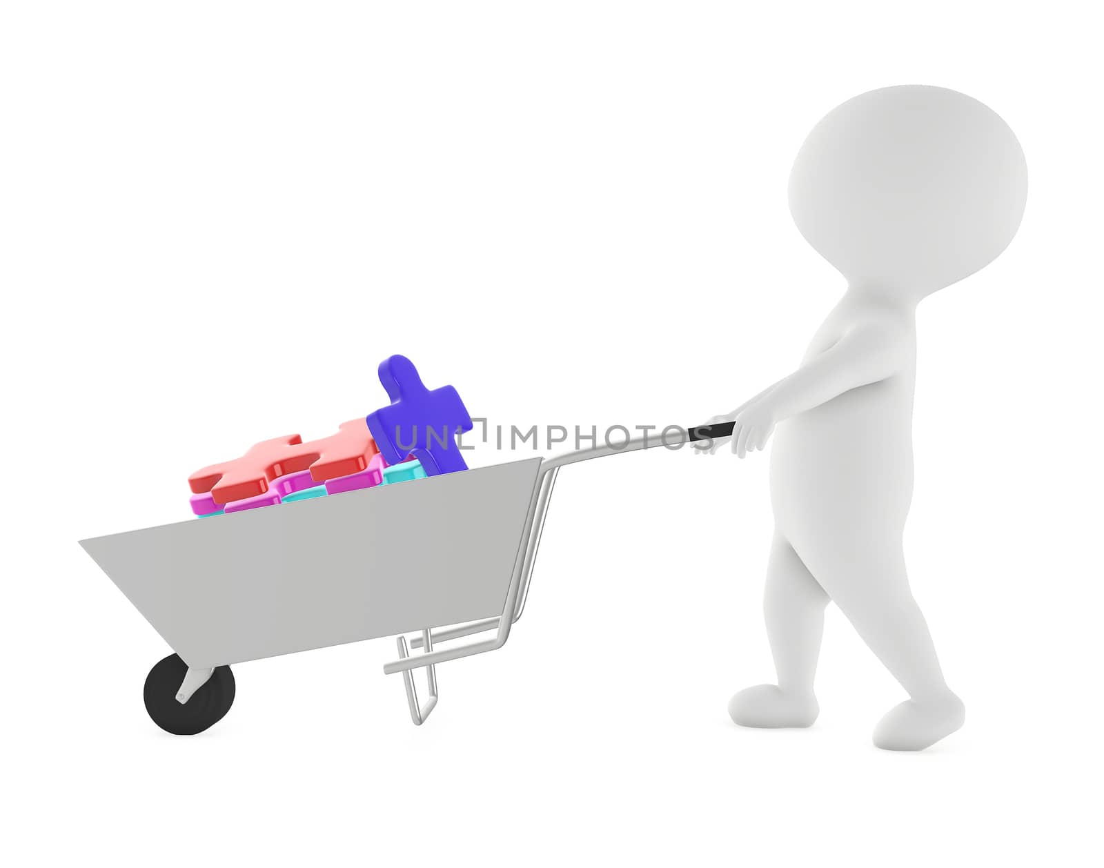 3d character , man moving cart of jigsaws by qualityrender