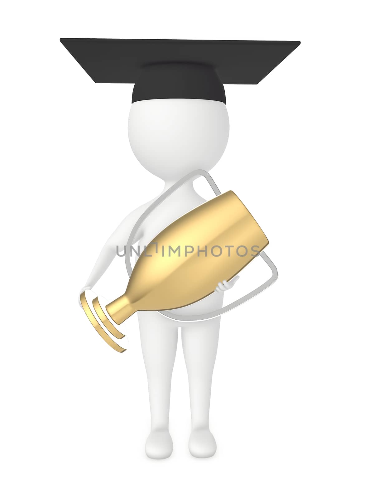 3d character , man wearing graduate cap and holding a golden trophy by qualityrender