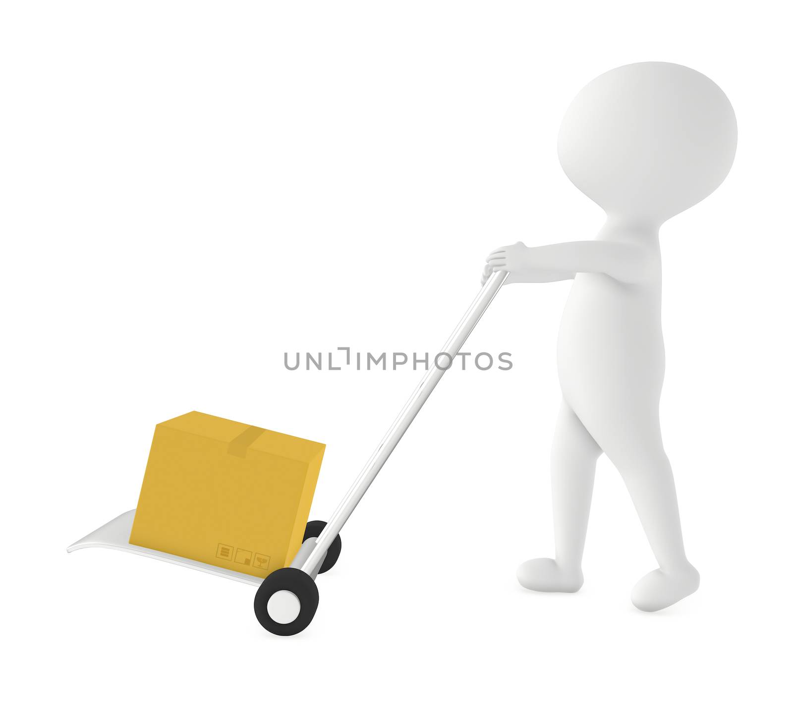 3d white character moving a trolley with cardboard box by qualityrender