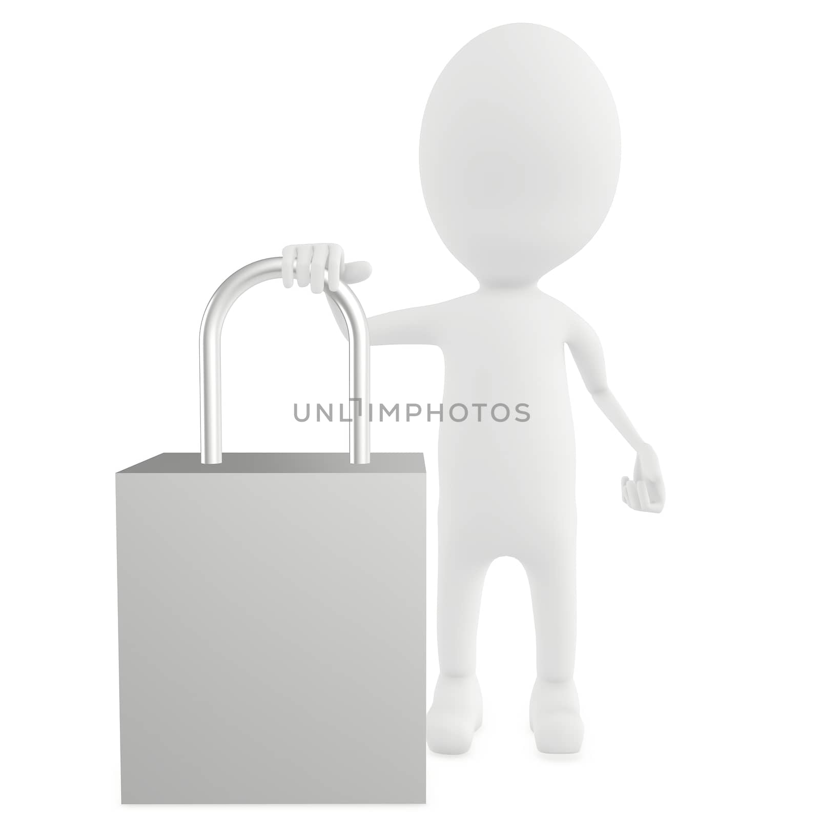 3d white character leaning his hand over a lock - 3d rendering