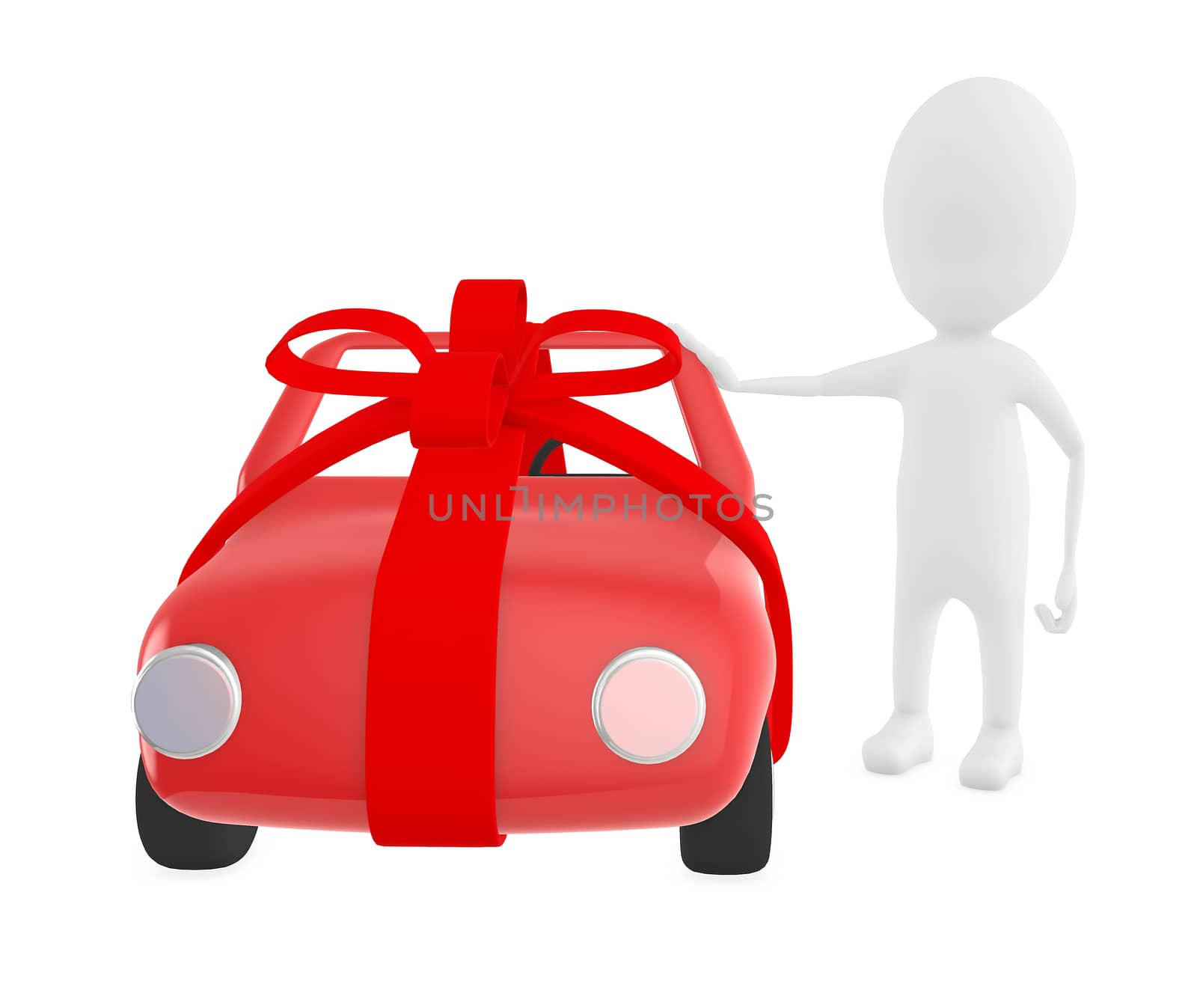 3d character , man , wrapped ribbon car and man leaning over it by qualityrender