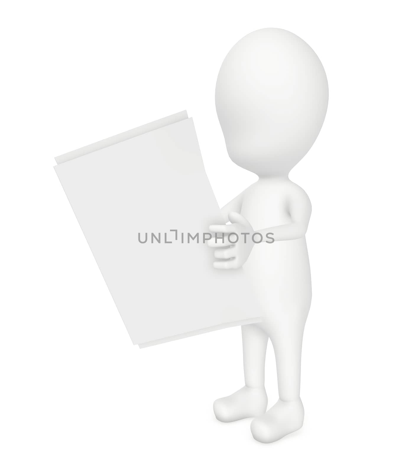 3d character standing and reading paper in white isolated background by qualityrender