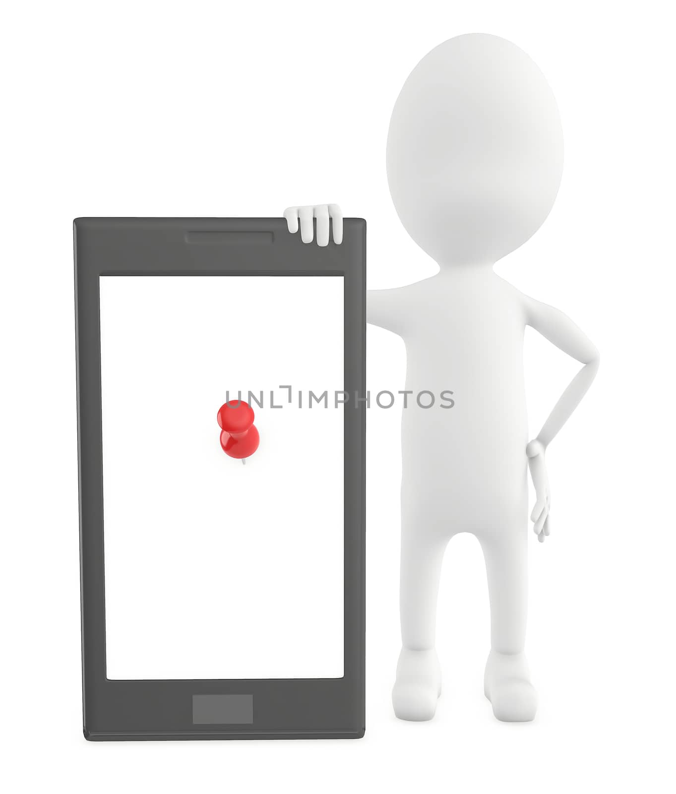 3d character , man with a smartphone and a pin in it on the empty screen by qualityrender