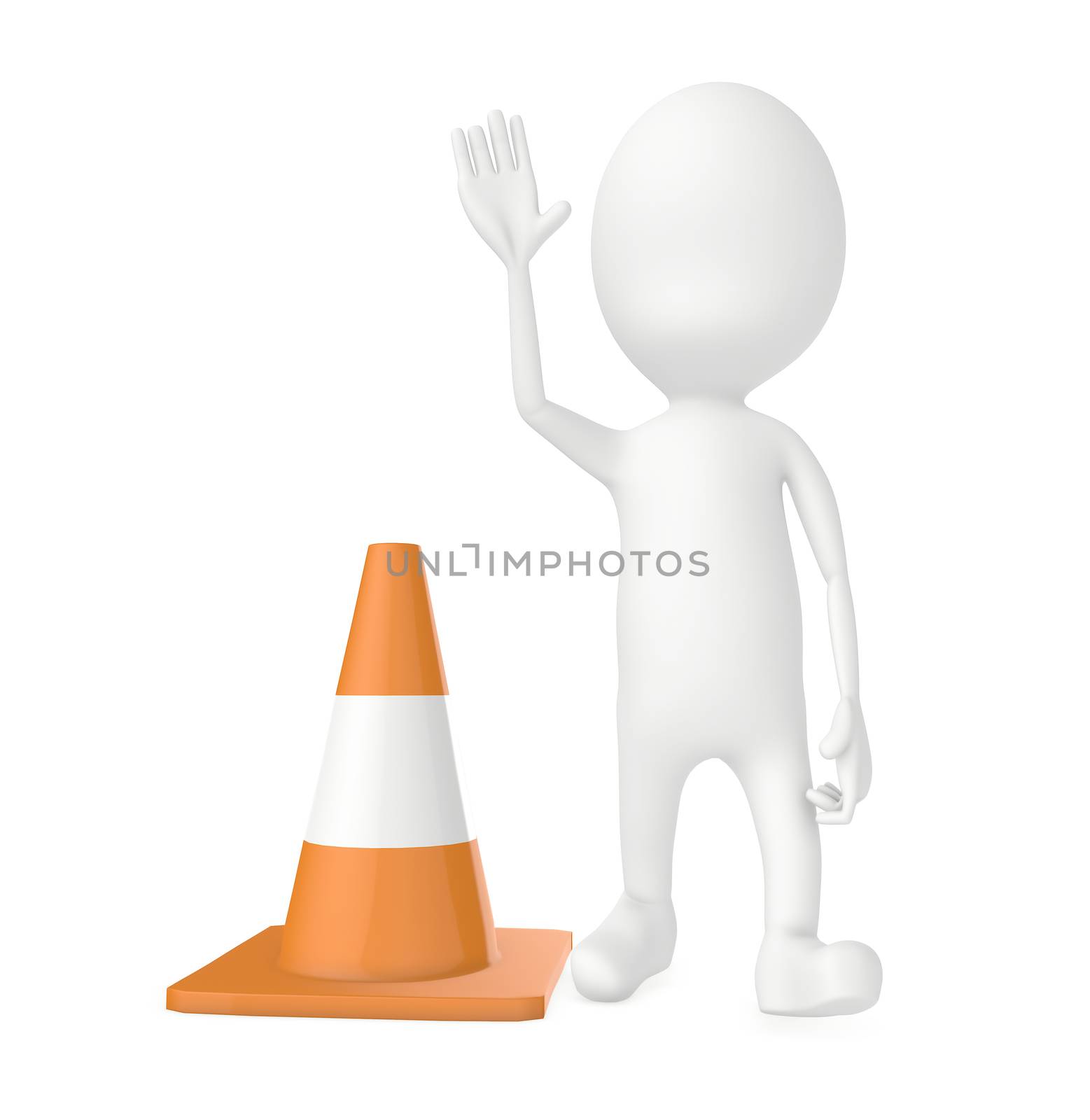 3d character work men showing stop gesture , traffic cones near by - 3d rendering