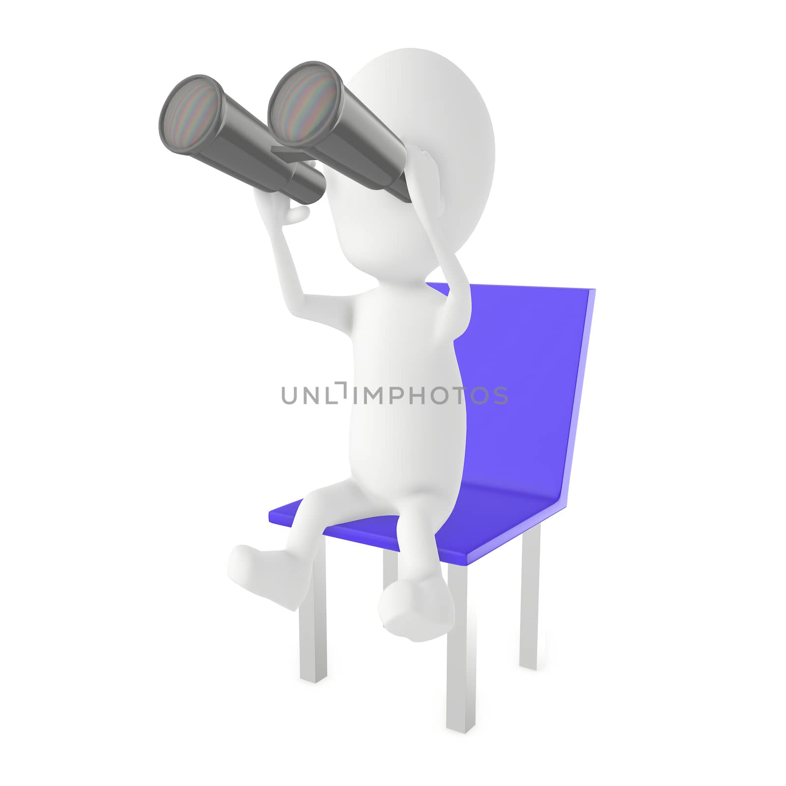 3d white character looking through binocular while sitting on a chair by qualityrender