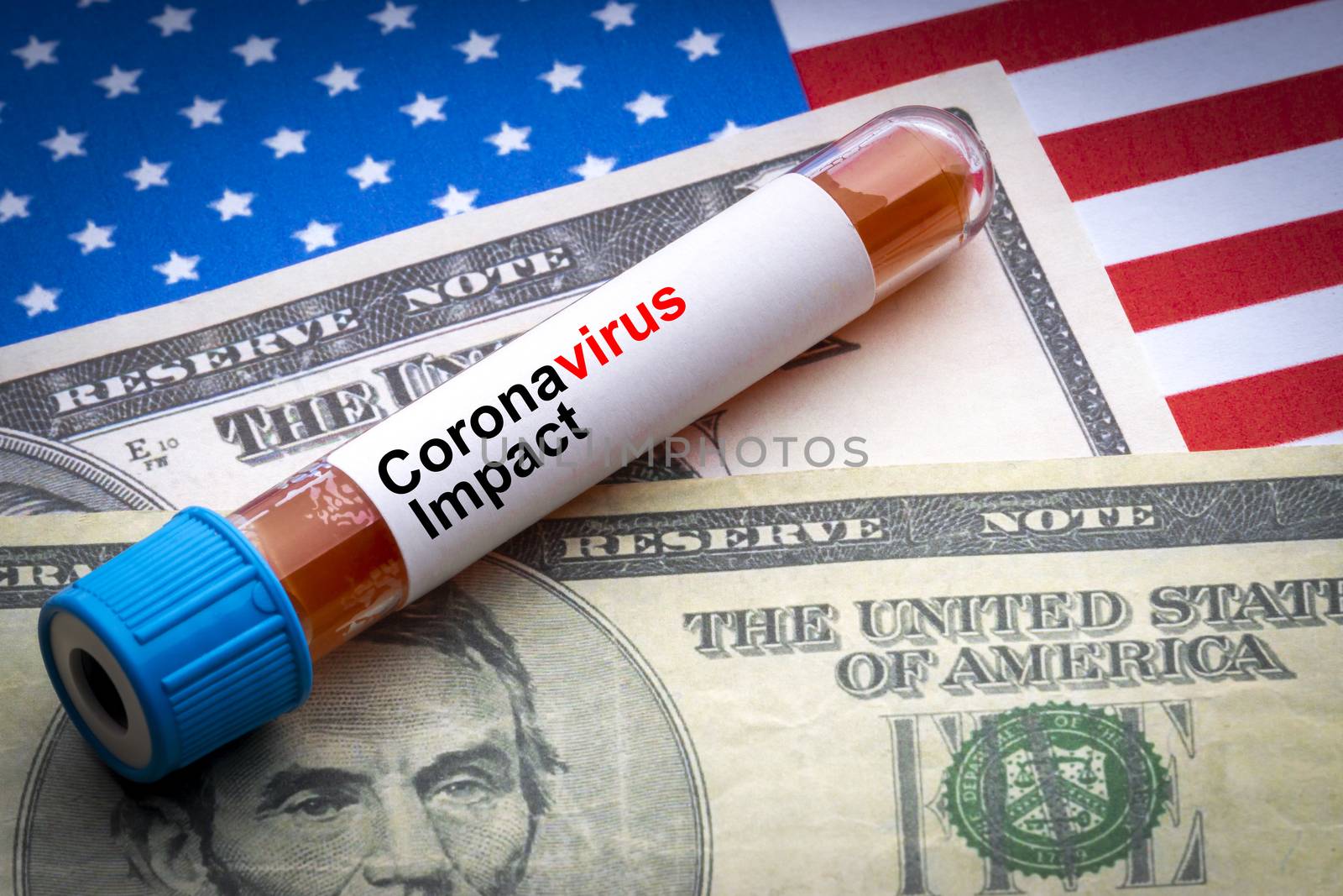 CORONAVIRUS IMPACT text, US Dollar and blood sample vacuum tube on America flags background by silverwings